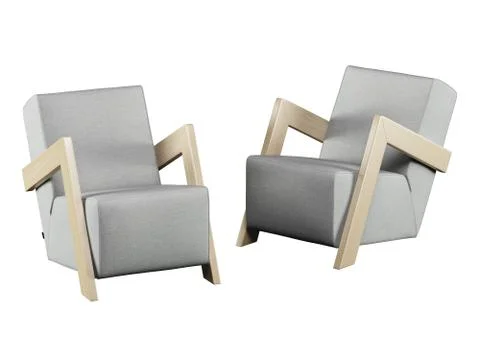 Two armchairs made of gray fabric and wooden armrests made of fabric on a whi Stock Illustration