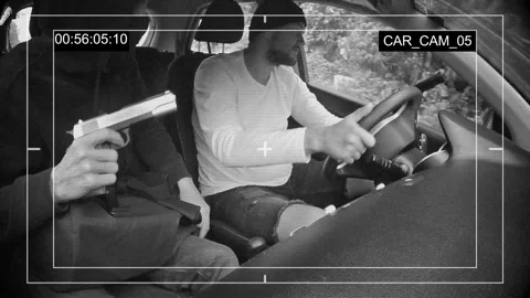 Two armed perpetrators are hiding from prosecution. Rare shooting with cctv 库存影片 98590211