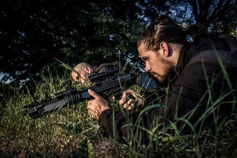 Two army man ready for combat Stock Photos