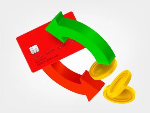 Two arrow in the circle with coins and bank card. Cashback concept. 3d vect.. Stock Illustration