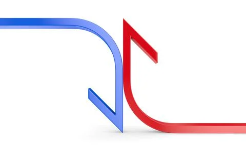 Two arrow from red and blue lines on white background. Isolated 3D illustrati Illustrazione stock