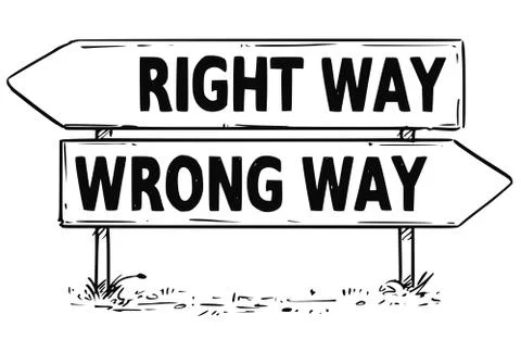 Two Arrow Sign Drawing of Right or Wrong Way Decision Illustrazione stock