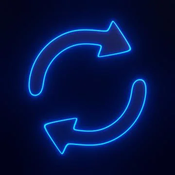 Two arrows icon, update symbol with bright glowing futuristic blue neon lights Stock Illustration