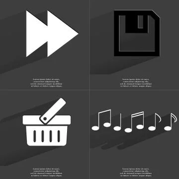 Two arrows media, Floppy disk, Basket, Notes icon sign. Set of Symbols with F Illustrazione stock
