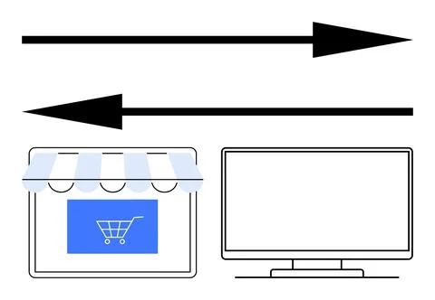 Two arrows in opposite directions above an online storefront and a blank moni Stock Illustration