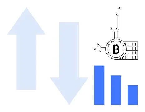 Two arrows pointing up and down beside a bar chart and Bitcoin graphic. Ideal Stock Illustration