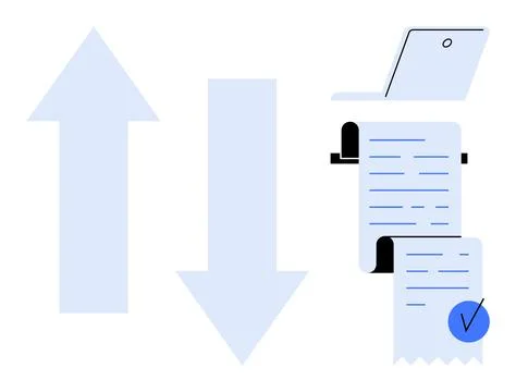 Two arrows pointing up and down with a document next to a laptop. Ideal for b Stock Illustration