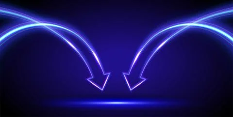 Two arrows pointing to one place. Blue curved arrow in motion on dark background 스톡 일러스트