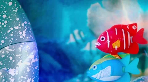Two artificial fish float in blue toy pool, closeup view Stock Footage 14536110