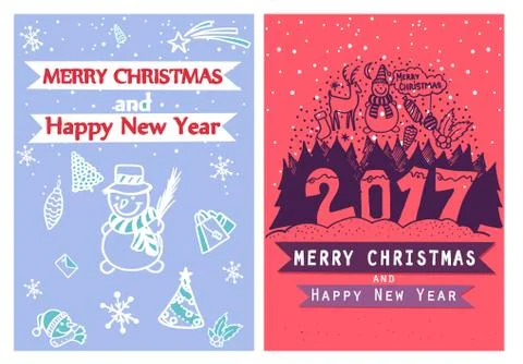 Two artistic creative Merry Christmas and New Year cards. Hand Drawn. Design for Illustrazione stock