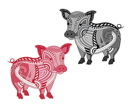 Two artistic pig illustrations depicting intricate patterns. 스톡 일러스트