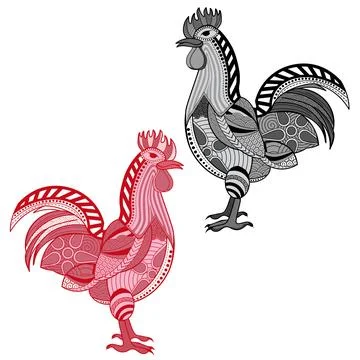 Two artistic rooster illustrations featuring intricate patterns and swirls 스톡 일러스트