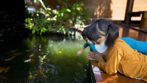 Two asian 3-4 years old kids quarantine stay home good time smiling Stock Footage 128943091
