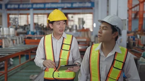 Two asian engineer holding tablet talking and discussed while walk at industrial Stock Footage 241902342
