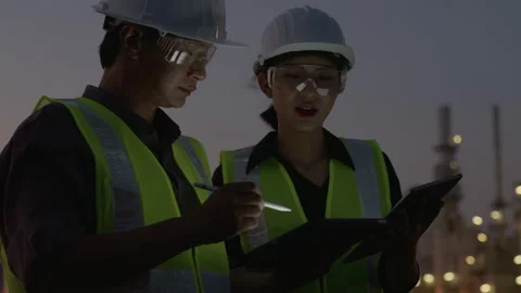 Two Asian engineers using  tablet working and going through routine check Video stock 142885549