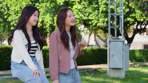 Two Asian Female Students Talking While Sitting on Fence at University Campus Stock Footage 338323878