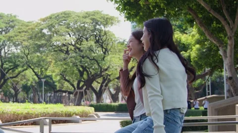 Two Asian Female Students Talking and Laughing on University Campus Park Railing Stock Footage 339994183