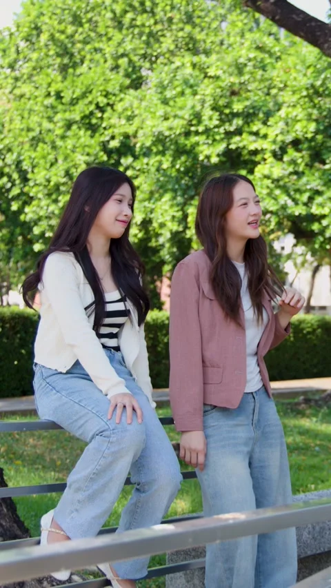 Two Asian Female Students Talking While Sitting on Fence Outdoors Stock Footage 342583783