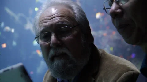 Two Asian men looking at I pad in aquarium Stock Footage 36152294