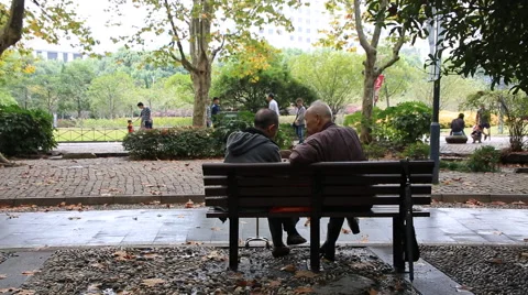 Two asian senior men talking while sitting on bench at People's square park Stock Footage 56802019