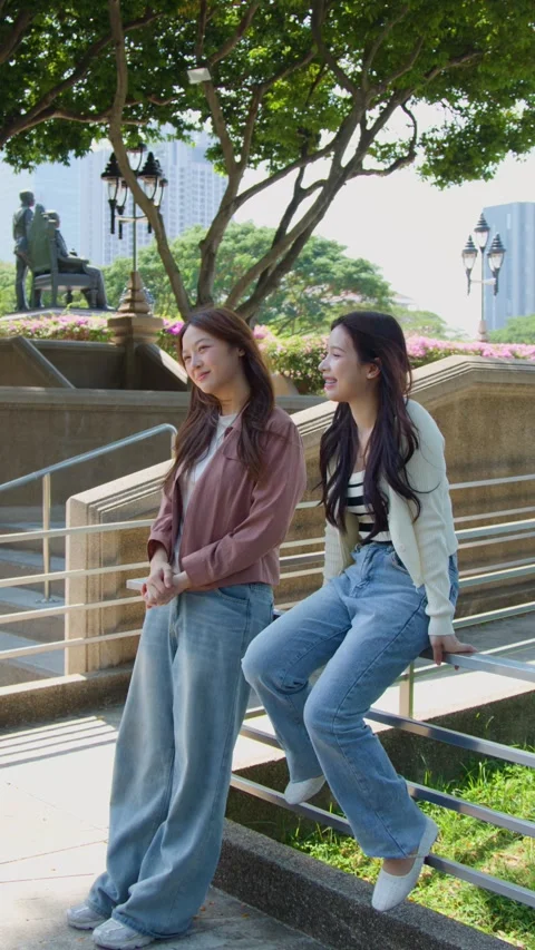 Two Asian Students Talking and Laughing on University Campus Park Stairs Stock Footage 339994022
