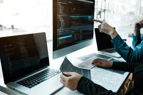 Two asian team working development of programming and encryption technology.. Stock Photos