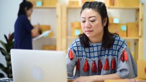 Two Asian Womans Working at home, Young business start up Stock-Footage 83049528