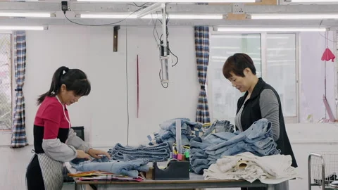 Two asian workers sorting jeans at a textile factory Stock Footage 333213045