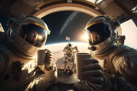 Two astronauts are drinking coffee from cups in a space station window whil.. Illustrazione stock