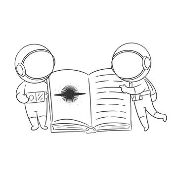 Two astronauts are reading a book together for coloring Stock Illustration