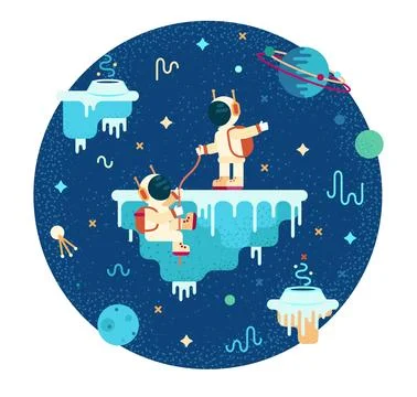 Two astronauts on an asteroid - vector cartoon illustration in flat stile Stock Illustration