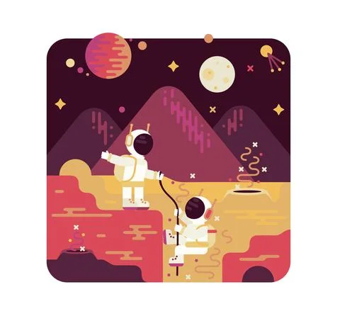 Two astronauts explore mars - vector cartoon illustration Stock Illustration