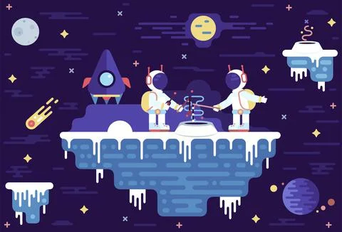 Two astronauts explore a meteorite - Game design illustration Stock Illustration