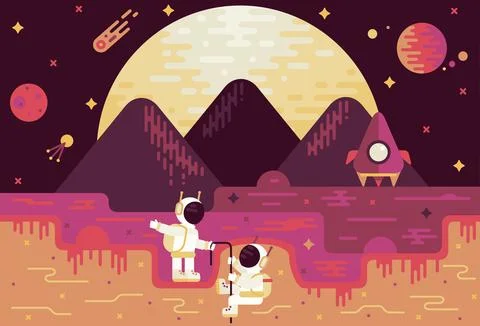 Two astronauts explore the red planet, descend into the crater Stock Illustration