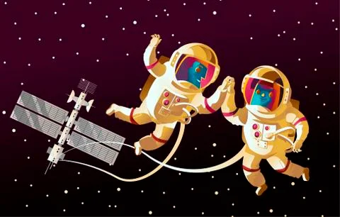 Two astronauts floating around space station Stock Illustration