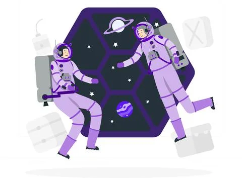 Two astronauts floating around space station Stock Illustration