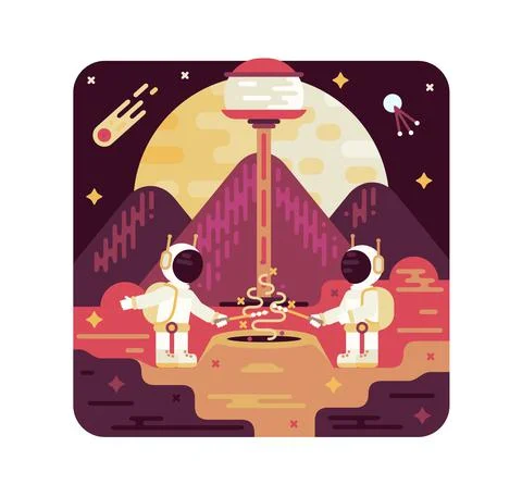 Two astronauts frying marshmallows over a crater near a space station Stock Illustration