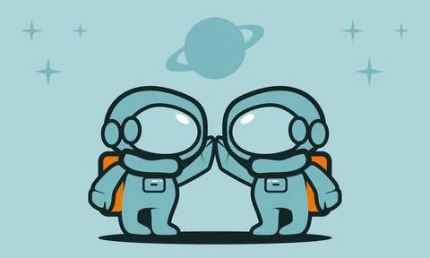 Two Astronauts High Five in Outer Space Illustration, Cosmic Friendship Artwo Illustrazione stock