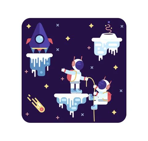 Two astronauts on an icy asteroid making their way to the rocket Illustrazione stock