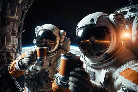 Two astronauts in outer space drinking coffee and drinking coffee from a cu.. Stock Illustration