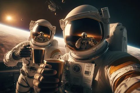 Two astronauts in outer space holding coffee cups in their hands and lookin.. Stock Illustration