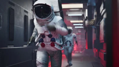 Two astronauts run down a space station corridor Vidéo 281860237