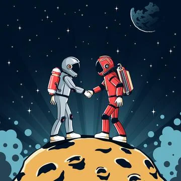 Two astronauts shaking hands on moon surface Stock Illustration