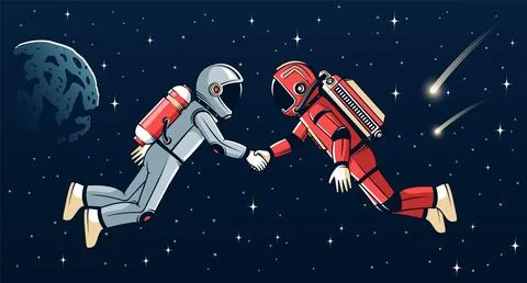 Two astronauts shaking hands in space, symbolizing unity and cooperation. Stock Illustration
