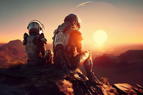 Two astronauts sitting on a rock looking at the sunset in a sci - fi enviro.. Stock Illustration