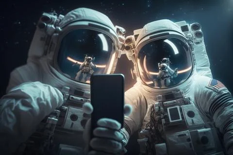 Two astronauts in space suits holding a cell phone and taking a selfie with.. Stock Illustration