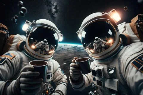 Two astronauts in spaces holding coffee cups in front of a planet with star.. Stock Illustration