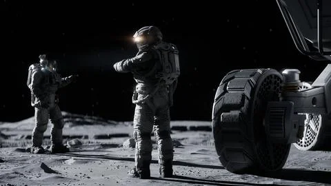 Two astronauts stand next to a large lunar rover, one checking a HUD display Stock Illustration