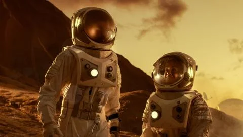 Two Astronauts Talking while Exploring Mars/ Red Planet. Space Exploration Stock Photos