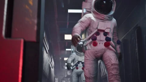 Two astronauts walk down a space station corridor Vidéo 281860377